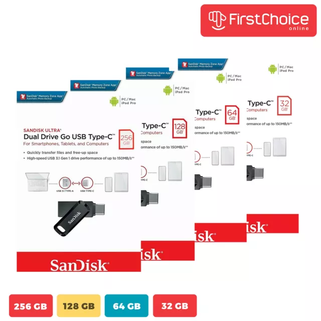 SanDisk 32GB 64GB 128GB 256GB Ultra Dual Drive Go USB Type-C Flash Drive Black