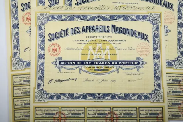 Societe Des Appareils Magondeaux Action De 100 Francs Paris 1927 X 65 Actions