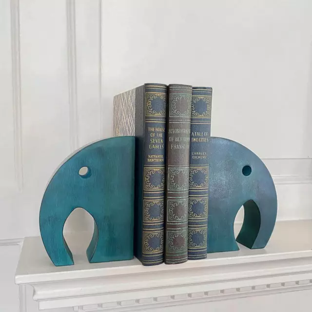 Teal Blue Elephant Book Ends Set, Hand Carved Soapstone, Fair Trade, India