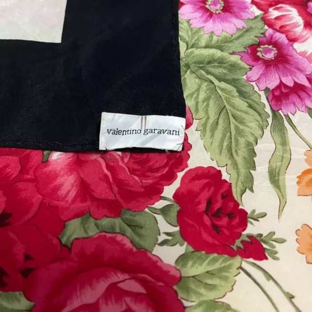 VALENTINO GARAVANI large silk scarf Black border with rose pattern 33.5''X35''