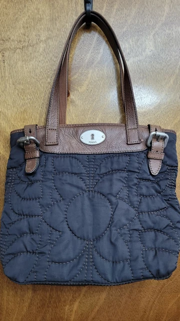 Fossil Keyper Black Quilted Nylon Tote Crossbody Bag W/ Brown Leather Trim EUC
