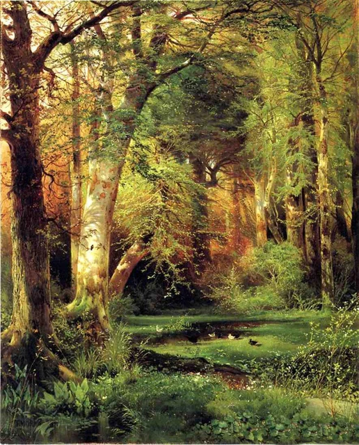 Oil painting Thomas Moran - Forest Scene with ducks in summer landscape canvas