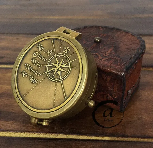 Engraved Brass Pocket Compass With Leather Case Vintage Style Not All Those Poem