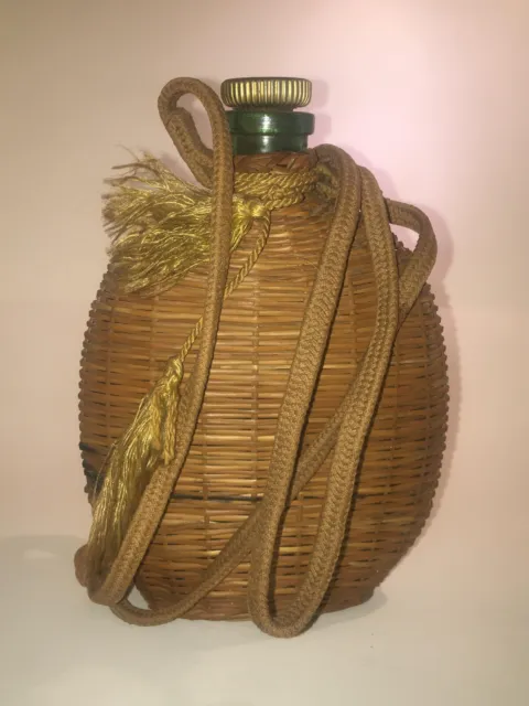 Empty Vintage Round Green Canteen Glass Wrapped in Wicker