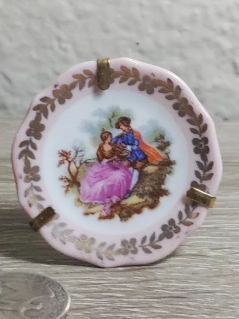 Limoges Miniature Mini Plate 2.25" France Courting Couple Embrace Porcelain