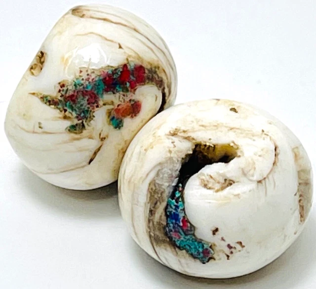 2 Nepal Tibet Conch Shell Beads 16mm x 12mm Hand Crafted W Turquoise & Coral
