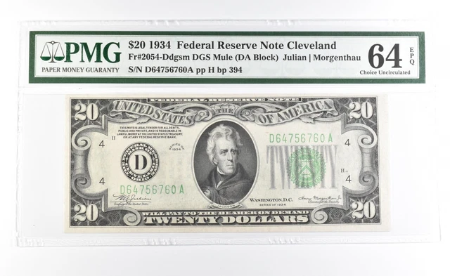 PMG 64 Gem Unc EPQ 1934 $20 Cleveland, OH US FRN Green Seal Fr#2054-Ddgsm *0930