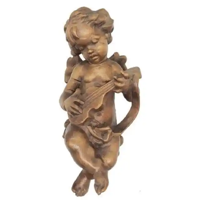 Vintage Wood Hand Carved Angel Cherub Statue Sculpture Wooden Playing Lyre