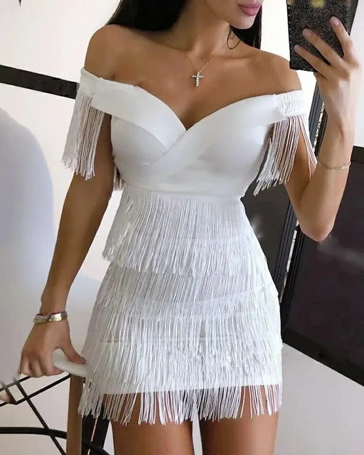 ABITO VESTITO CON frange bianco corto elegante donna vestiti abiti