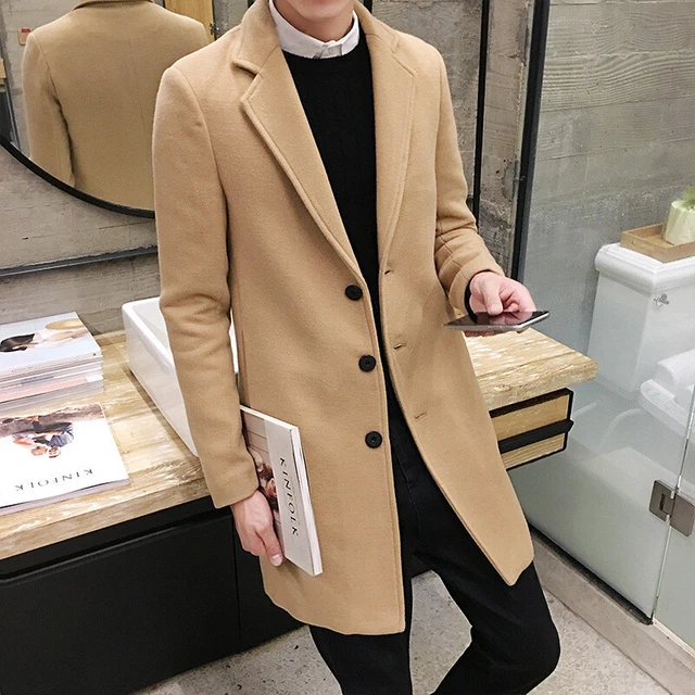 Mens Double Breasted Overcoat Long Jacket Outwear Winter Warm Woolen Trench Coat 6
