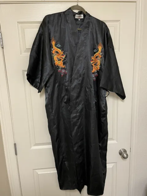 Vintage Silk Kimono Black Robe Orange Dragon Embroidered Made In Japan