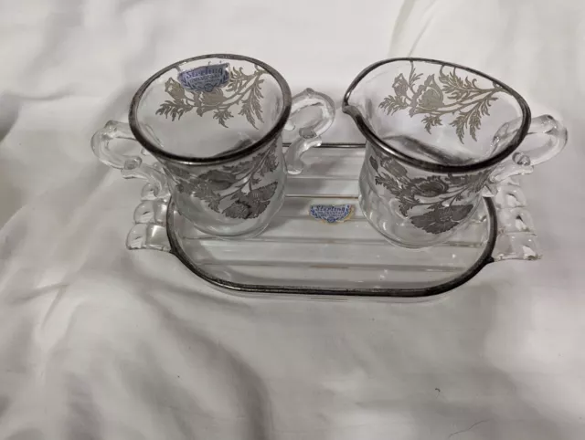 Silver City Glass Co. Sterling Overlay Flanders Poppy Sugar, Creamer, Tray Set 2