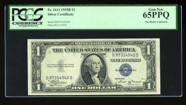 $1 1935-B Silver Vinson Gem DD Block Fr. 1611 PCGS 65 PPQ Serial D97314542D