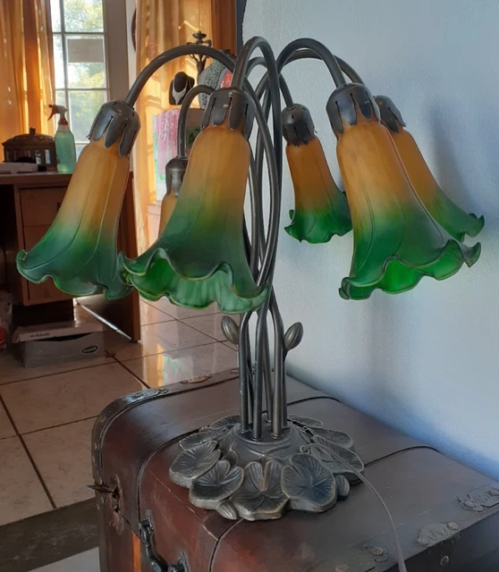 Tulip Lily Pad Table Lamp Tiffany Style 6 Lights Green Yellow Glass Shades 5