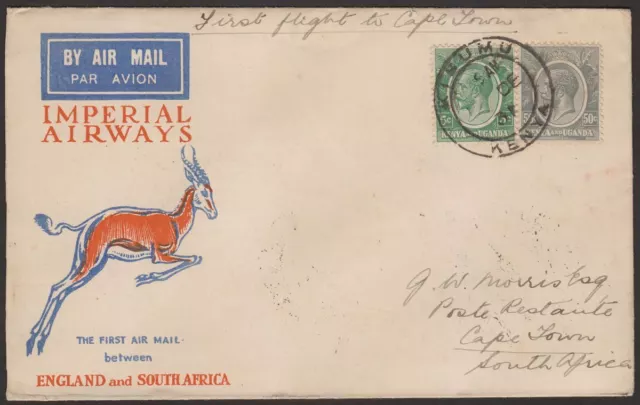 Kenya Uganda 1931 KGV Imperial Airways First Flight Cover Kisumu - Cape Town