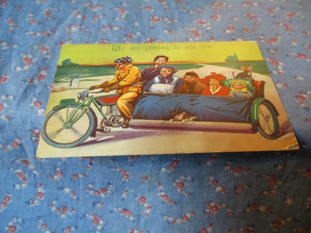 Old Postcard  Comic We are coming to see you  Motorcycle Huge Sidecar Family Pet