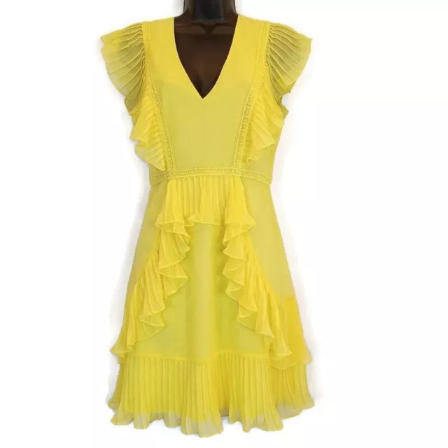 BCBGMAXazria Sz 0 Yellow Flounce Ruffled Mini Dress MT02D07-LIM Tyrah Lime Lined