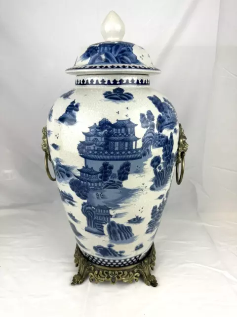 Decorative Asian Porcelain Blue & White Lidded Jar with Metal Base Home Decor