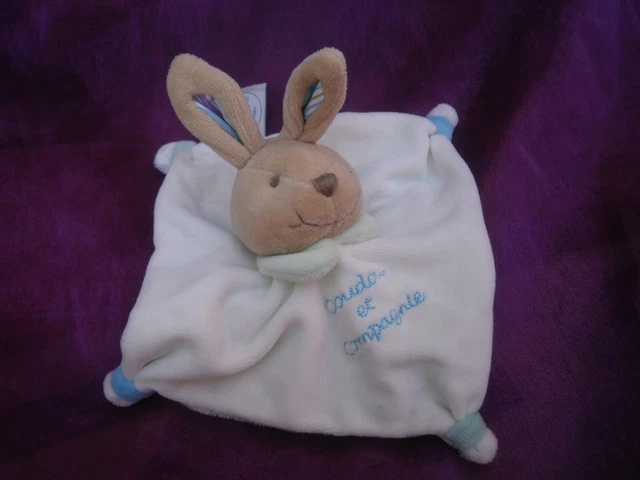 DOUDOU ET COMPAGNIE LAPIN PLAT BLANC col vert oreilles rayées bleu  mini