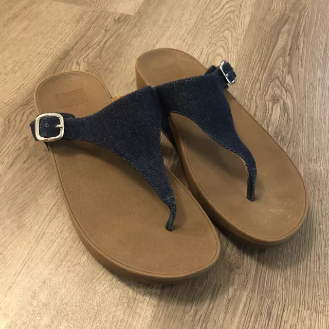 Fitflop Lulu Thong Sandals Blue Denim Linen Womens Size 9 Heel Flip Flops