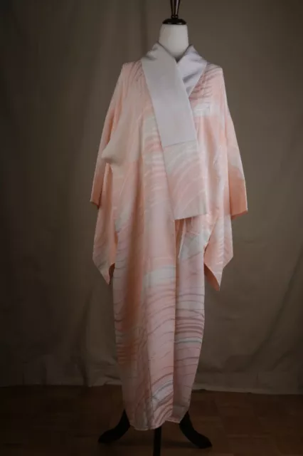 JAPANESE KIMONO JUBAN WOVEN WAVY STRIPES Pink mid calf duster coat M
