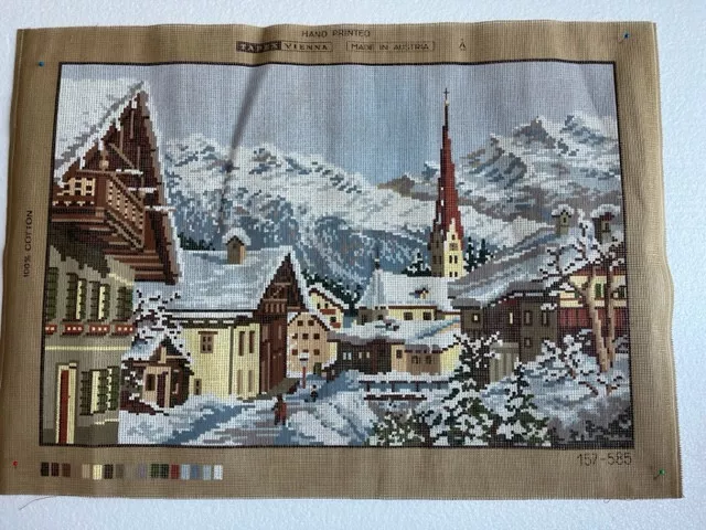 Mountain and Village Scene in Snow Austrian Vintage Needlepoint Tapestry Canvas