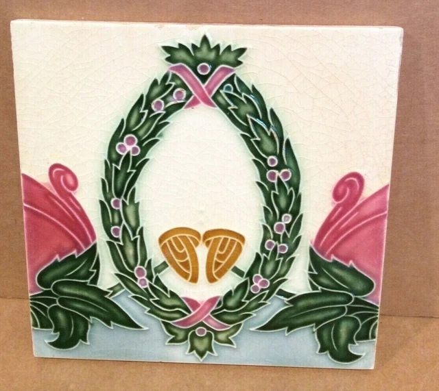 Sato Japanese Tile Wreath, Roses, 1920s, Japan, 6x6, Ceramic