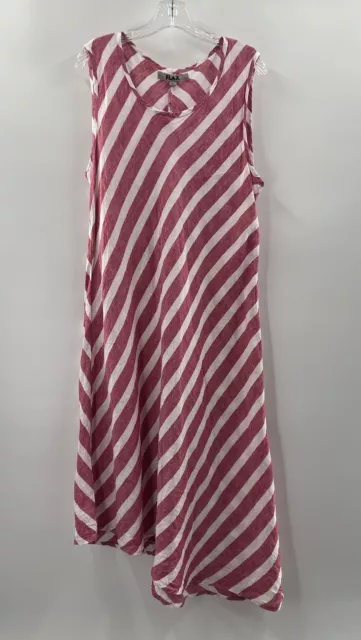 FLAX Women’s Linen Sleeveless Maxi Dress Red White Assymetrical Hem Lagenlook L