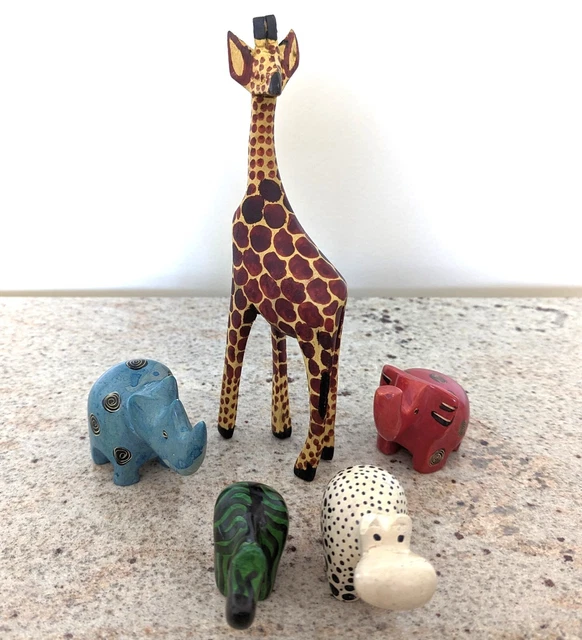 5 Carved Painted Folk Art Wood Giraffe, 4 Soapstone Safari Zoo Animals, Africa