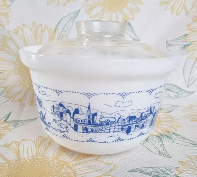 Vintage | Crown Milk Glass Old County Blues Patten Ovenware Bowl with Lid 2