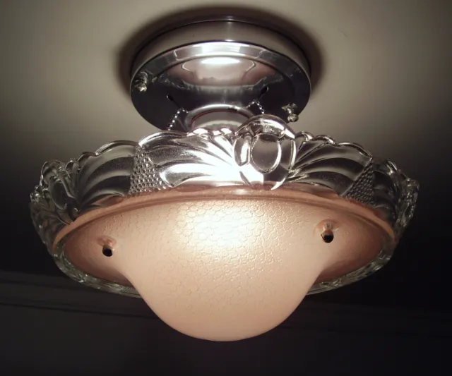 Restored 1930s 40s Vintage Art Deco Ceiling Light Fixture Pink And Clear Glass