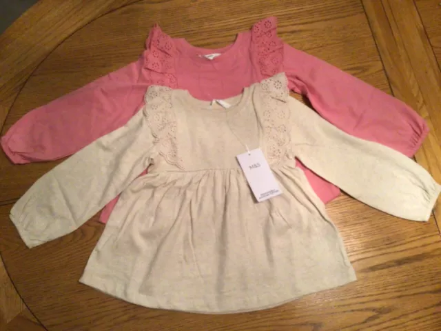 M&S Girls Long Sleeve Smock Top Age 4 To 5. 2 Pack. Pink/Ecru Broderie Trim BNWT