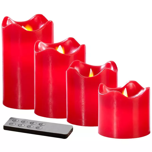 Britesta 4 Echtwachskerzen mit beweglicher LED-Flamme, abgestuft, rot