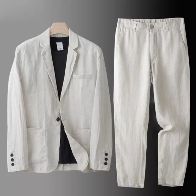 2 PC Men's Linen Suit Summer Causal Blazer + Pants Coat Beach Jacket One Button