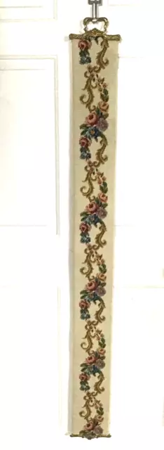 Needlepoint Vintage Tapestry Floral Bell Pull Wall Hanging Solid Brass Hardware