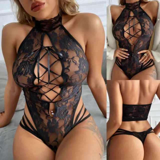 Sexy body da donna completo intimo nero in pizzo trasparente hot lingerie teddy