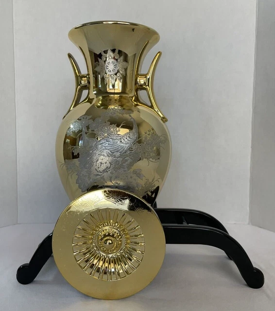 Gold Peacocks JAPAN URN VASE on Plastic Wagon Cart STAND 13 1/2"