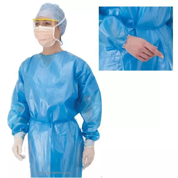 2x Long Sleeve non woven Blue Disposable Gown Fluid Protection Elasticated Cuff