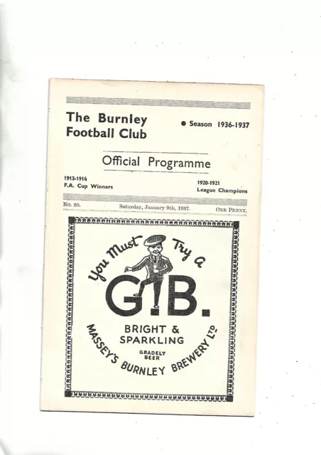 FOOTBALL PROGRAMME 9/1/37 PRE WAR Burnley res V Huddersfield res