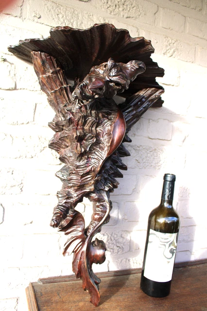 XL French antique 19thc wood carved mythological dragon wall console rare