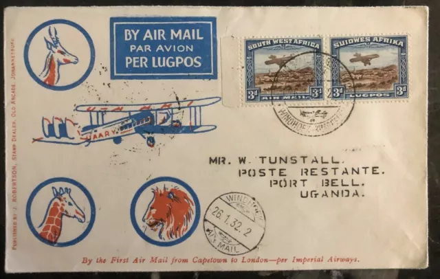 1932 Windhoek South West Africa First Flight Cover FFC To Port Bell Uganda