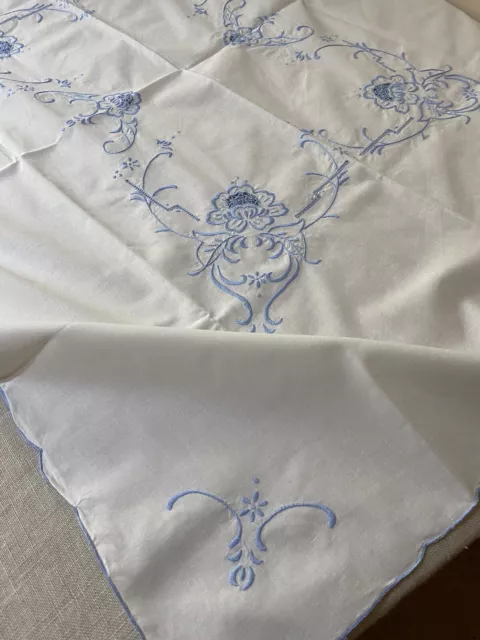 Vintage Tablecloth Blue embroidery on White Cotton Madeira/Cutwork 88x106cm