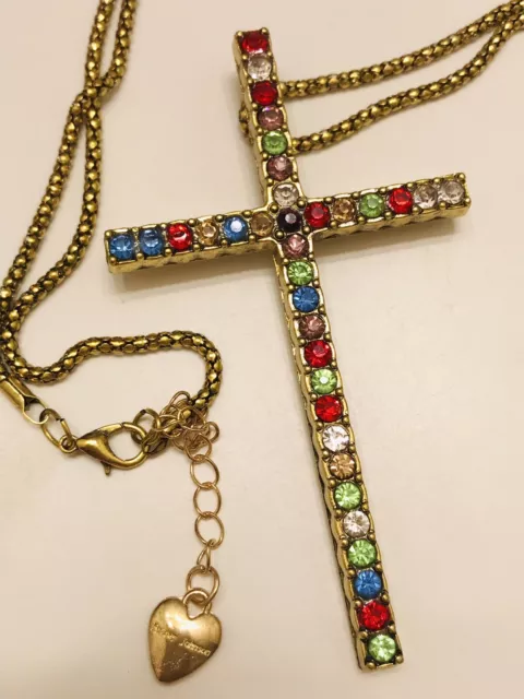 Betsey Johnson Multicolor Enamel Crystal Crucifix Cross Pendant Necklace NWT