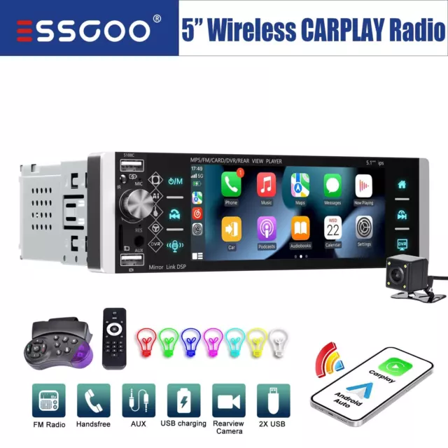 Autoradio 1 DIN Senza Fili Carplay Android Auto IPS Touch Screen AUX TF USB Cam