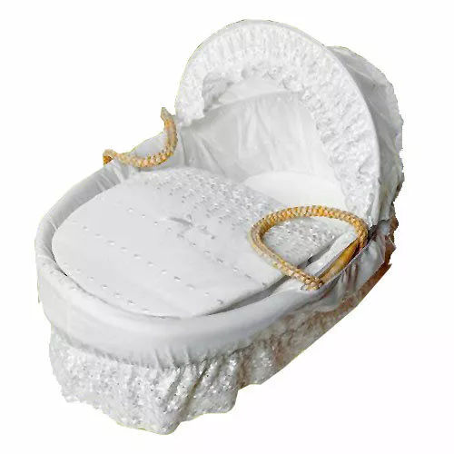 New Baby Moses Basket Soft Dimple Broderie Anglaise Marshmallow Hood Bedding Set