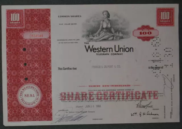 The Western Union Telegraph Company 1968 100 Shares