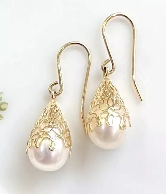 DESIGNER 14K FANCY Floral Lace 12mm Pearl 1” Dangle Earrings~Adi Paz ...
