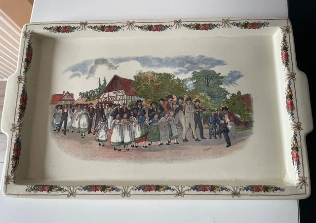 GRAND PLATEAU PLAT EN FAÏENCE DE SARREGUEMINES " OBERNAI " signé H. LOUX UetC