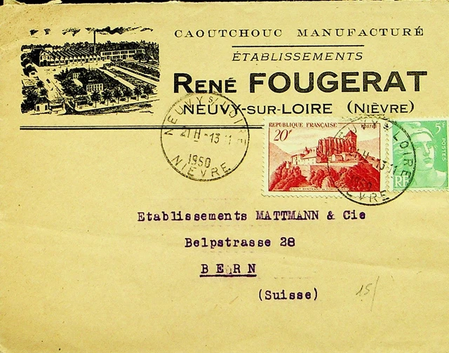 FRANCE 1950 2v ON COVER FROM NEUVY-SUR-LOIRE TO BERN SWITZERLAND