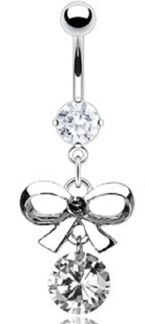 316L Surgical Steel Prong Set Double Gem CZ Dangle Navel Belly Ring w/Bow Tie